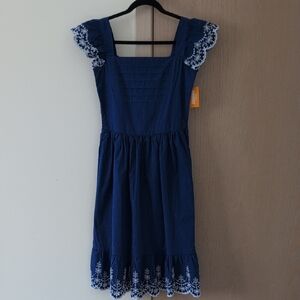 Women's Blue Cotton Dress with White Embroidery Details - XS